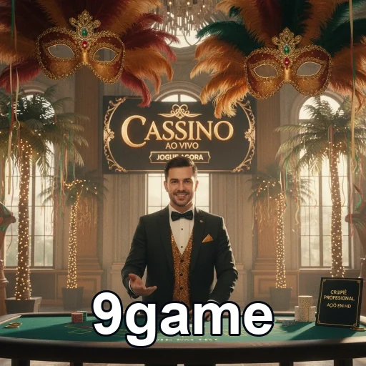 Dealer apresentando o cassino ao vivo da 9game com decoração festiva.