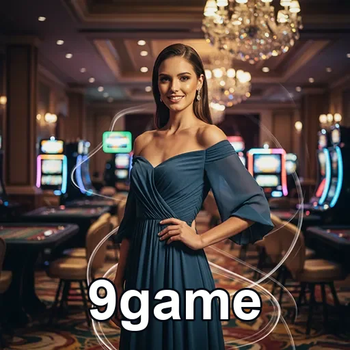 Personagem em um cassino do 9game com máquinas de slot ao fundo.