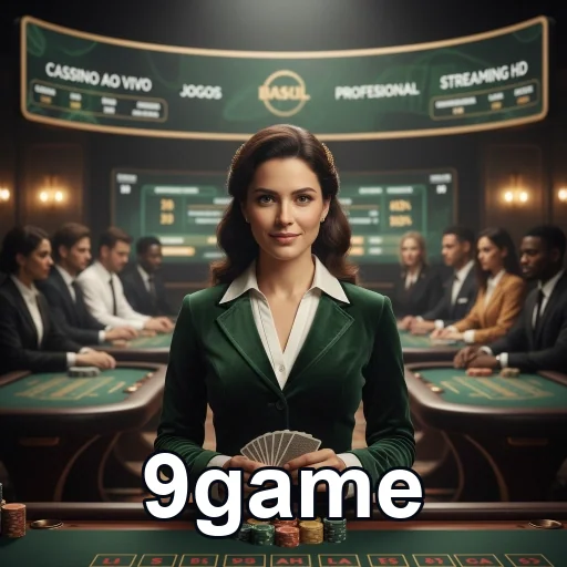 Jogadora em cassino ao vivo da 9game com mesa de jogos.